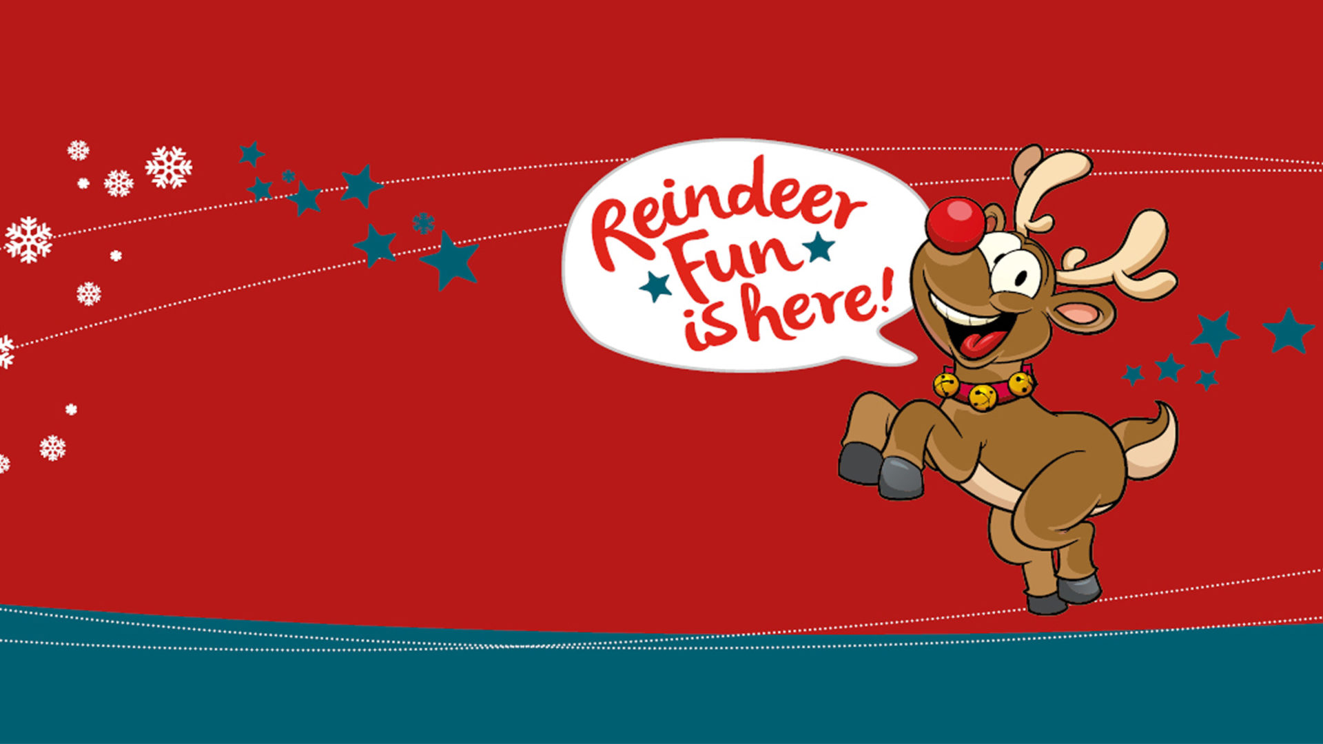 Reindeer with speech bubble announcing "Reindeer Fun is here!"