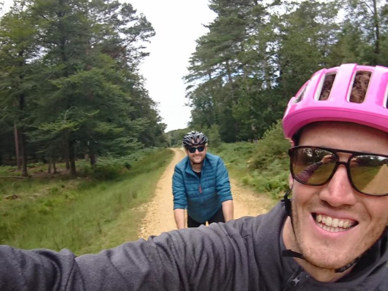 Selfie of Tom and Joe cycling