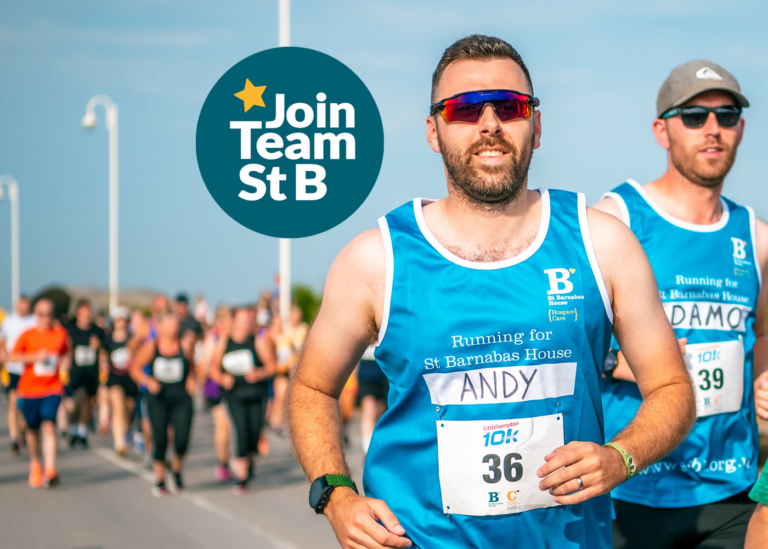 A runner wearing a St Barnabas Vest and sunglasses looking down the lens of the camera - there's also a graphic saying 'Join Team St B' with a yellow star.