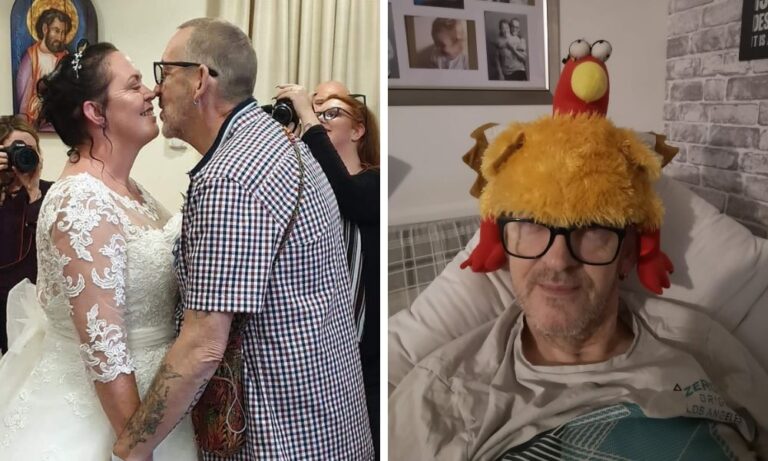 Tony and his partner on their wedding day (left) and an image of Tony in a funny chicken hat (right)