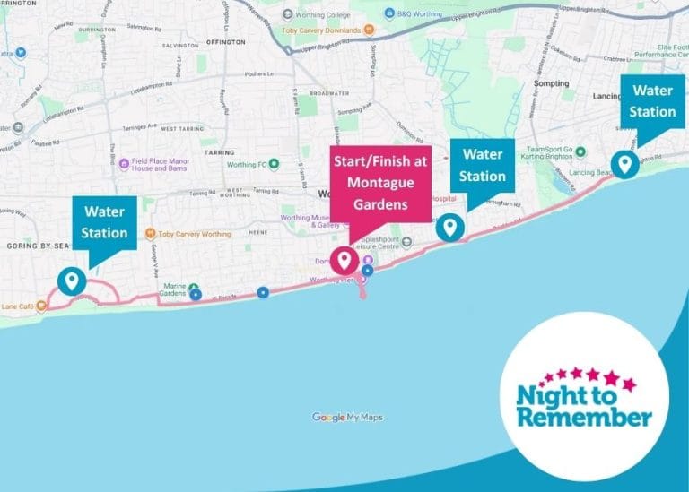 a map showing the 10 mile night to remember route passing along worthing seafront