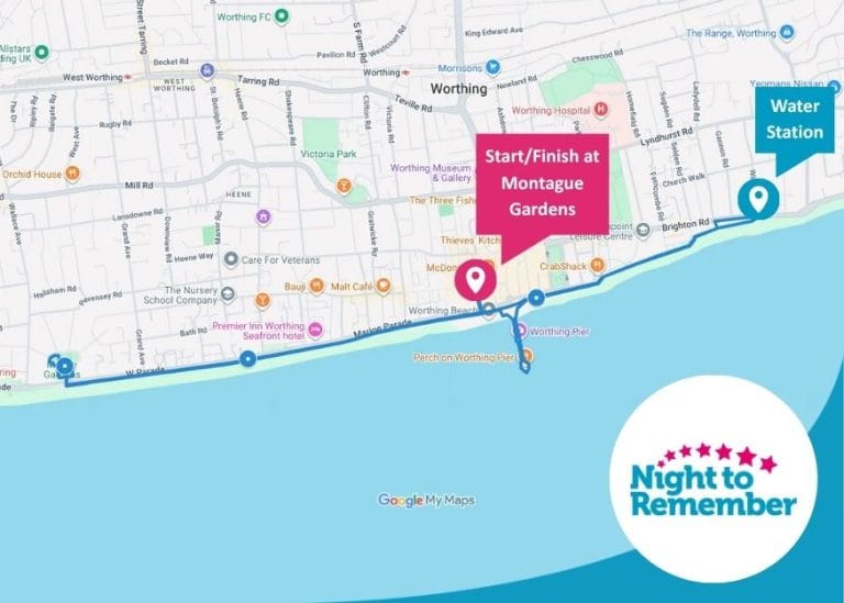 a map showing the 5 mile night to remember route passing along worthing seafront
