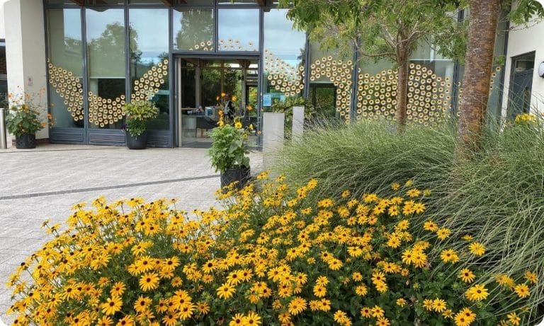 Sunflowers in the window at St Barnabas house hospice
