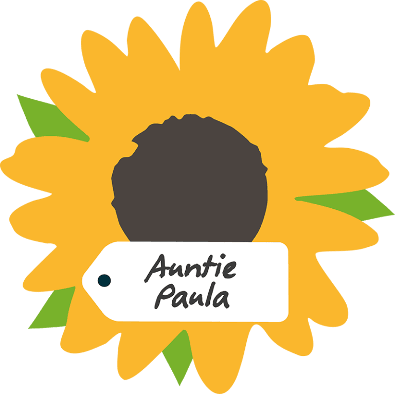 A design for a sunflower window cling, with a name tag reading 