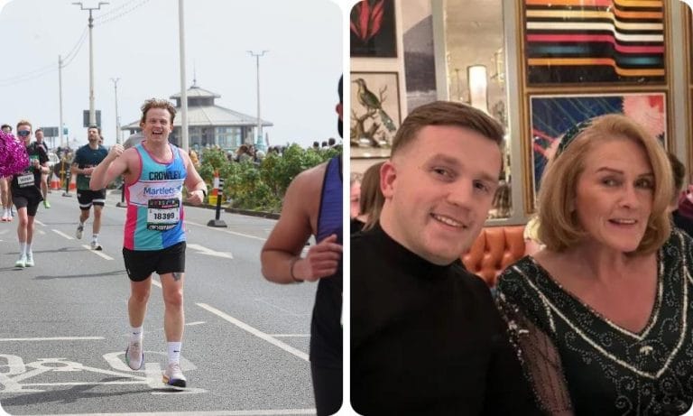 Two images: a man runs the Brighton Marathon and a second image shows a portrait of a man with his mum