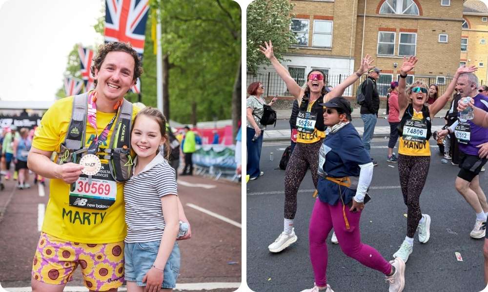Two images: the first shows a man with his daughter standing at the end of a marathon holding a medal. The second shows two women smiling and waving at the camera as they run past in a marathon race.