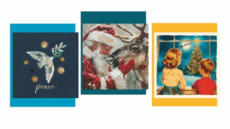 three charity christmas card designs, showing an illustrated dove with the word 