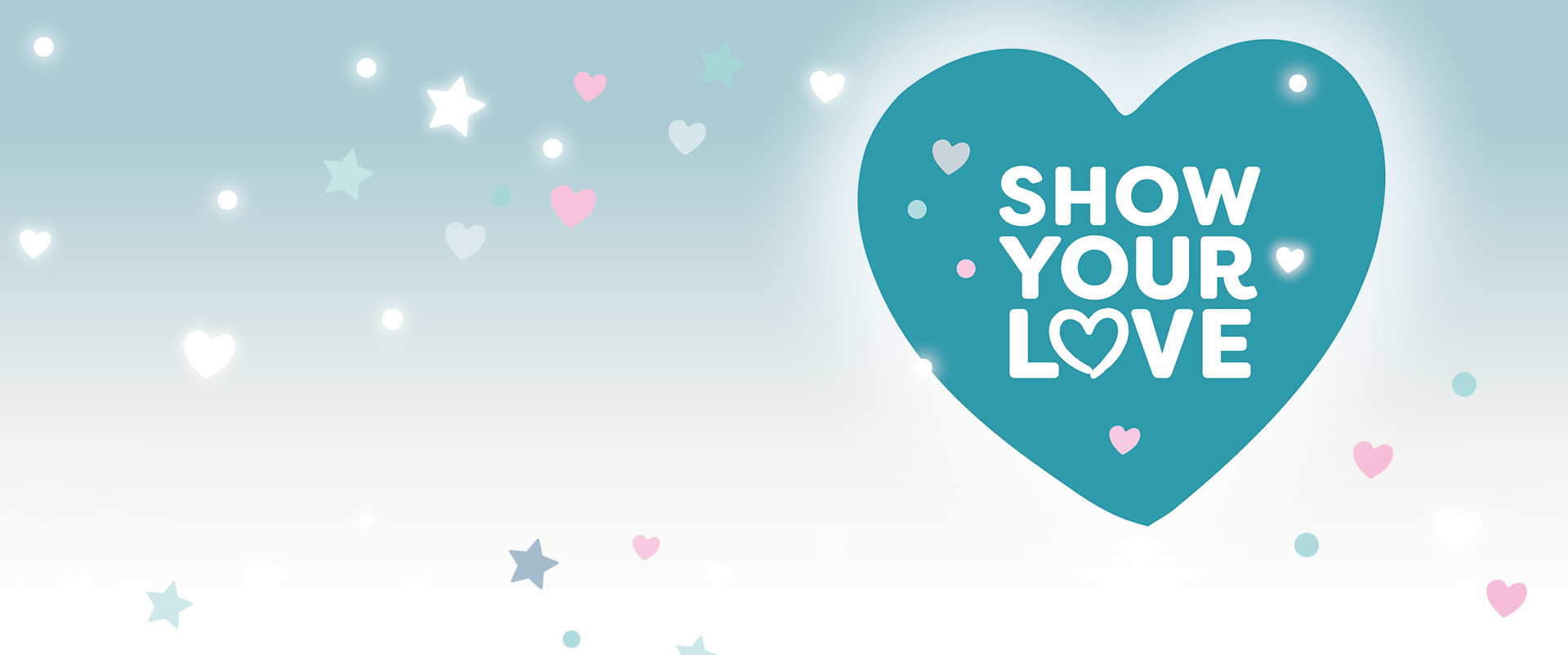 A blue heart on a background of hearts and stars. It reads "Show your love"